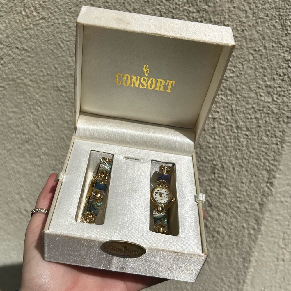 Vintage Consort Gold and Abalone Watch & Bracelet Set with Original Box